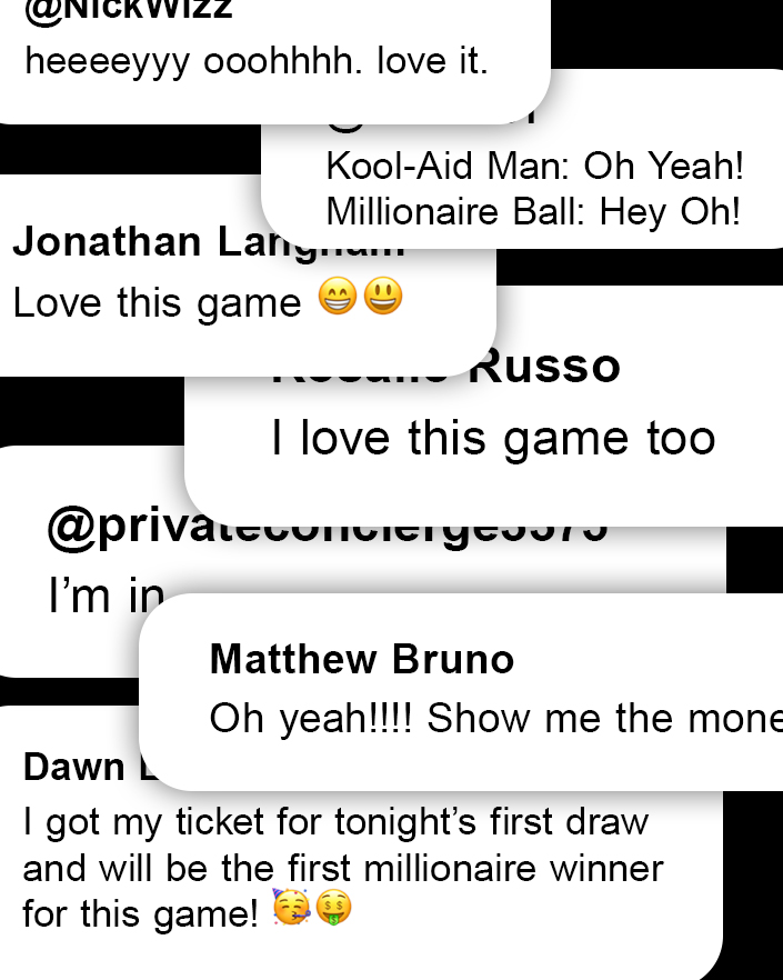 Collage of enthusiastic social media comments from Ohioans reacting to the Millionaire For Life game launch.