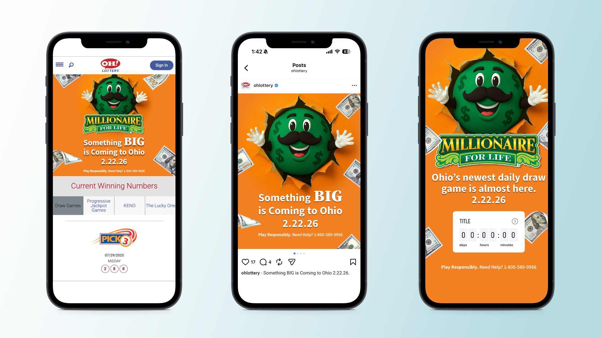 Three phones showing Millionaire For Life teaser creative: the OH! Lottery site homepage takeover, an Instagram post, and a full-screen countdown unit, all with the green money-ball character and the 2.22.26 launch date.
