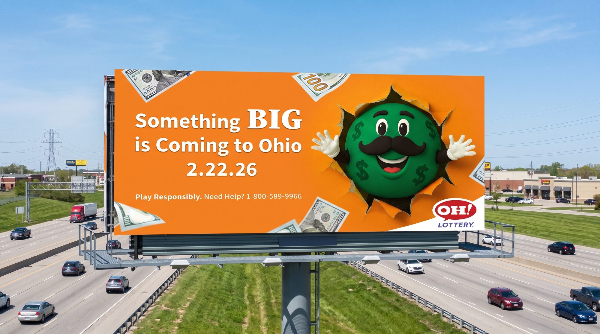 Highway billboard reading Something BIG is Coming to Ohio 2.22.26, with a smiling green money-ball character bursting through an orange background and the OH! Lottery logo.